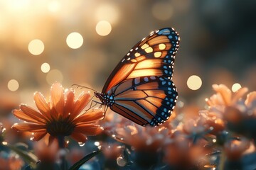 Wall Mural - A monarch butterfly with orange and black wings sits on a pink flower in a field of flowers with the sun shining behind it.