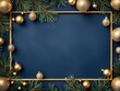 © Nyetock - Christmas card. Frame borders made of gold balls, decorations, fir branches on dark blue background. Luxury style. Top view.