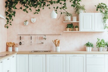 White Kitchen with Hanging Plants and Utensils