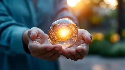 Hands gently holding a glowing holographic globe with a network of data points and lines symbolizing the interconnectedness and technological advancements that shape our global landscape