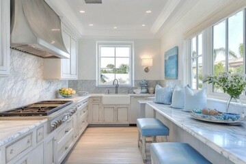 Modern Kitchen with White Cabinets, Marble Countertops, and a Window View