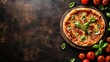 © Татьяна Макарова - Freshly baked pizza with tomatoes, basil, and pepperoni on wooden plate