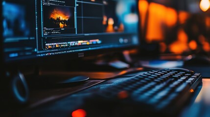 Aufkleber - Video editing workstation with an editor meticulously crafting footage Showcasing the creativity and technology behind multimedia production 
