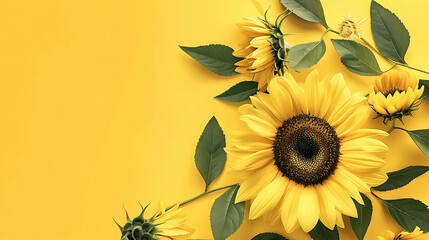 Wall Mural - Sunflower in full bloom against a solid yellow background. The sunflower is surrounded by green leaves.