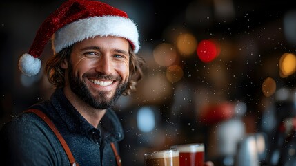 Wall Mural - Cheerful bartender serving festive drinks during winter season