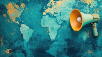 Megaphone against world map projection symbolizing global communication