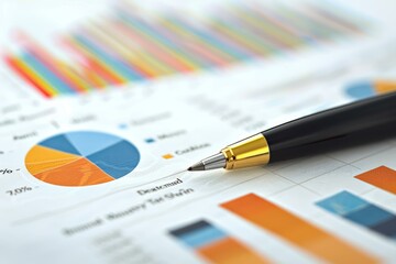 Poster - pen is resting on paperwork with colorful charts and graphs displaying important business informatio