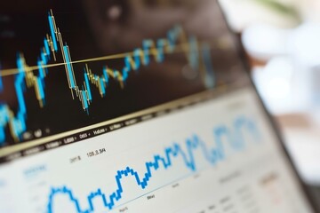 Poster - Stock market chart showing a decreasing trend is being analyzed by a businessman on a computer screen