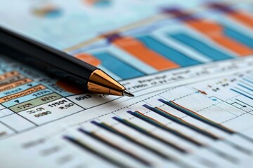 Poster - pen lying on business report with charts and tables showing market trend analysis