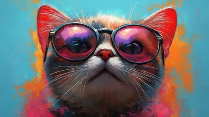  a whimsical persian cat adorned with stylish glasses poses playfully, surrounded by a bright and vivid palette that radiates charm and personality in this delightful artwork