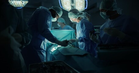 Poster - Professional Team of Male and Female Surgeons Conducting a Surgery in an Operating Theater in a Modern Hospital. Skilled Doctors Successfully Perform a Gastrointestinal Procedure