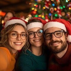 Wall Mural - Cheerful friends celebrating Christmas with festive hats