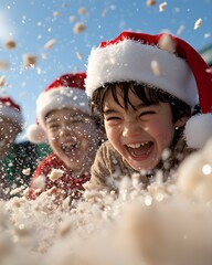 Wall Mural - Joyful children playing in snow with Santa hats