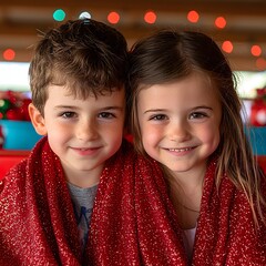 Wall Mural - Siblings wrapped in cozy blankets during festive celebration