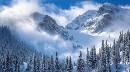 Wall Mural - An enormous wave of snow rushes down the mountainside, capturing the moment of impact as it crashes into the valley below, enveloping everything in its path.