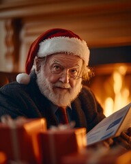 Wall Mural - Santa Claus reading by the fireplace surrounded by gifts