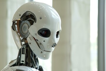 Poster - White humanoid robot with exposed back wiring is looking futuristic