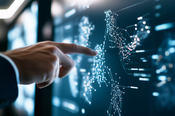 Poster - A person points at a digital display mapping interconnected data points in a sleek corporate environment