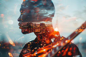 Poster - A double exposure picture of a silhouette professional worker backdrop of city lights generative ai