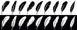 © AsadWafa - Collection of feather in a flat style. Set of bird feather in different shapes. Black quill feather silhouette. Plumelet vector illustration isolated on white and black background.