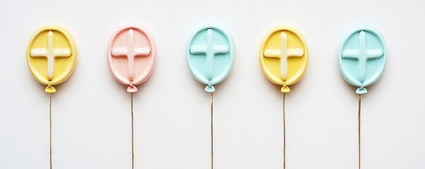 Poster - A row of pastel-colored balloon toppers on sticks, ideal for party decorations.