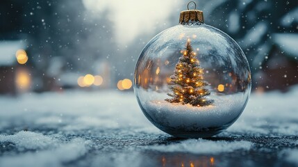 Wall Mural - A glass Christmas bauble filled with artificial snow and a tiny Christmas tree inside, rendered in 4K.