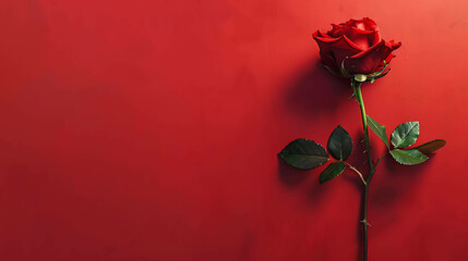 Wall Mural - A beautiful red rose is in full bloom against a solid red background. The rose has velvety petals and dark green leaves.