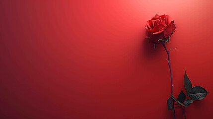 Wall Mural - Single red rose on a red background. The rose is in full bloom with velvety petals. The stem is long and green with dark green leaves.