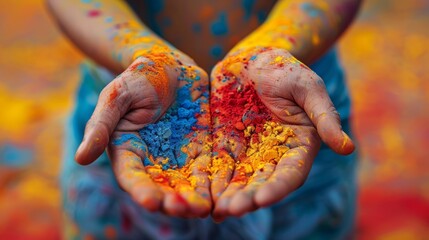 Wall Mural - Happy Holi , Concept Indian color festival. close-up female hands with colored powder over dark