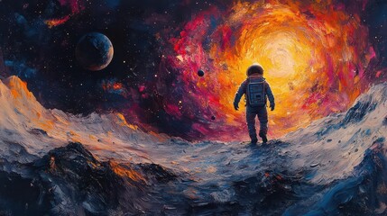 Wall Mural - astronaut exploring a vividly colored surface on a moon-like body, with swirling cosmic patterns in the background, encapsulating a sense of adventure and the wonder of space exploration