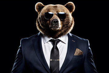 Portrait of real grizzly bear wearing navy business suit with white shirt and black necktie and sunglasses against black background