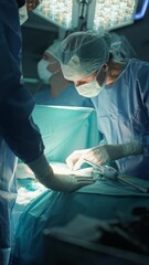 Poster - Vertical Screen: Dark Operating Room with a Diverse Team, Including a Black Male Assistant and a White Female Surgeon, Perform a Precise Surgical Procedure as Teamwork and Under Surgical Light