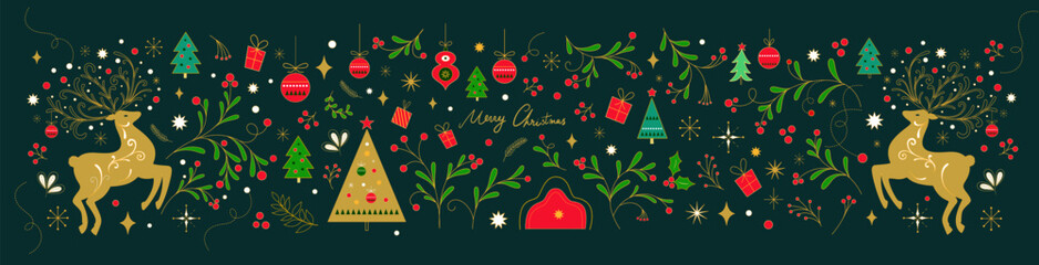 Wall Mural - merry christmas collection with christmas deer, toys and decorative branches. christmas greeting car