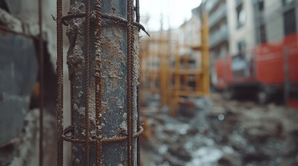 Construction site with rusty rebar and blurred background of a building under renovation.