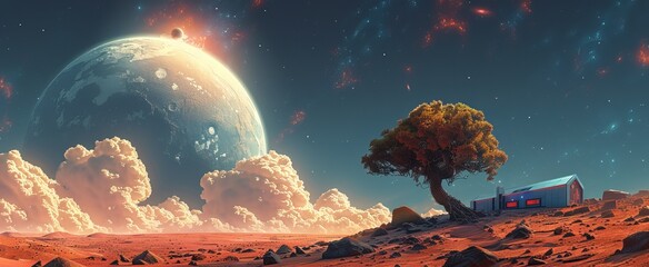 the landscape features a lone tree next to a futuristic dwelling, set against a martian backdrop wit