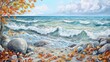© Napasnan - Rocky Atlantic shore with gentle waves and autumn leaves, capturing the essence of November