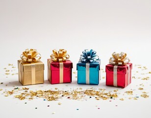 Wall Mural - Four festive gift boxes in vibrant colors with ribbons against a backdrop of scattered confetti.