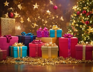 Wall Mural - A vibrant display of colorful gift boxes by a sparkling Christmas tree.