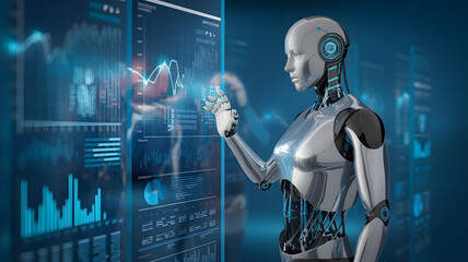 A humanoid robot in front of digital display on blue background, artificial intelligence and technology design concept