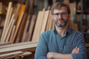 A middle-aged male carpenter with glasses and a light beard stands confidently with folded arms in a woodworking workshop surrounded by neatly stacked wooden planks in the background