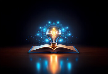 Poster - a glowing lightbulb, symbolic of inspiration, sits atop an open book with a dark background.
