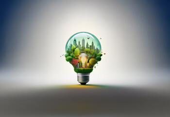 a glowing lightbulb with a miniature city and forest inside, signifying sustainable living.
