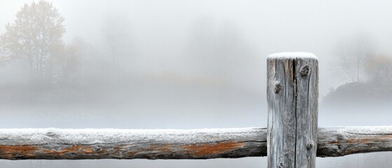 Wall Mural - A solitary wooden fence post emerges from the dense fog at dawn, creating an atmosphere of mystery and tranquility in the surrounding landscape