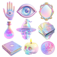 Wall Mural - png 3d iridescent mystic witchcraft design element set, transparent background