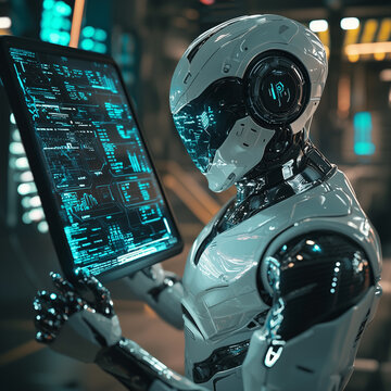 Humanoid robot is typing on an illuminated screen with graphics. Concept of futuristic technology, automation and AI.