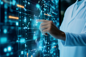 Poster - A scientist engages with an interactive digital interface showcasing complex data analytics in a high-tech lab