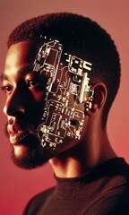 Poster - A man's face is shown in a distorted way, with his features made up of electronic components. The image has a futuristic and industrial feel to it