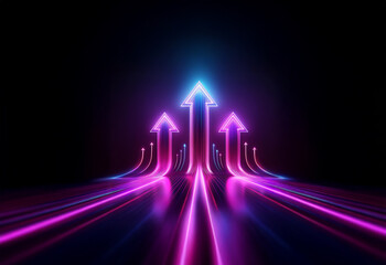 Aufkleber - three neon arrows point upward, glowing against a black background. multiple neon lines stream upwar