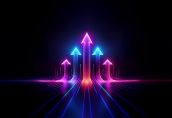 Poster - Five glowing neon arrows point upward on a dark background, radiating light across a surface.