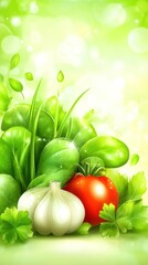 Poster - A vibrant illustration of fresh vegetables, including garlic, tomato, and leafy greens.